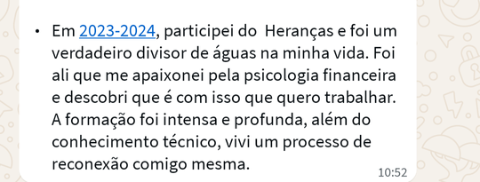 Mensagem real de aluna do Heranças 2023-2024