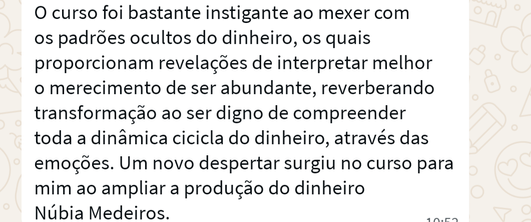 Mensagem real de aluna sobre padrões ocultos do dinheiro